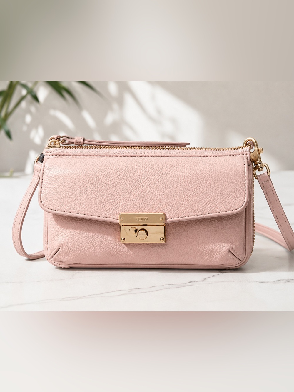 Tumi Leather Crossbody Clutch in Light Pink